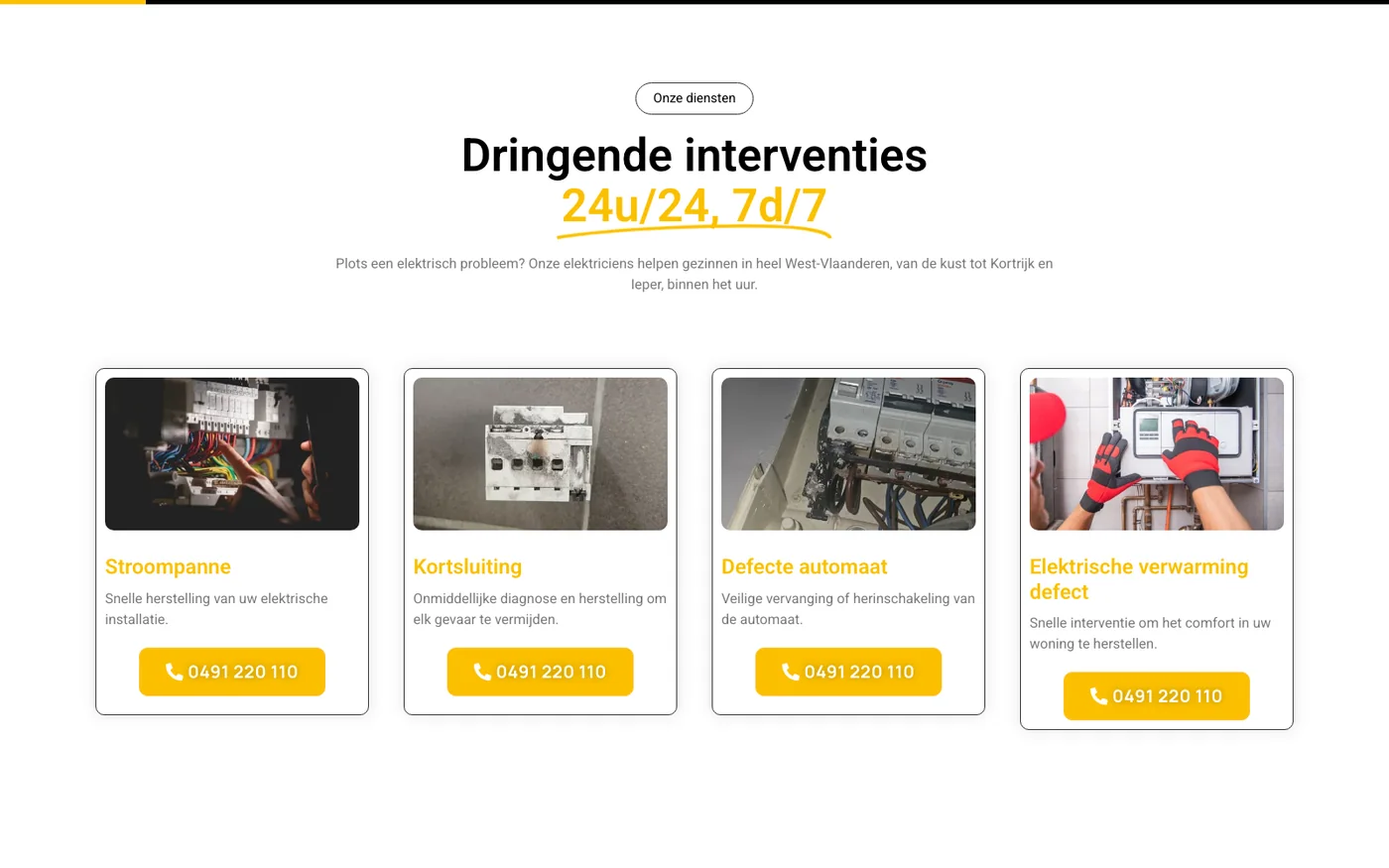Page des services en néerlandais du site 110 Group, avec le même numéro de contact