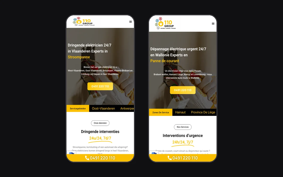 Le site 110 Group sur téléphone : la page de service néerlandophone et son équivalent francophone