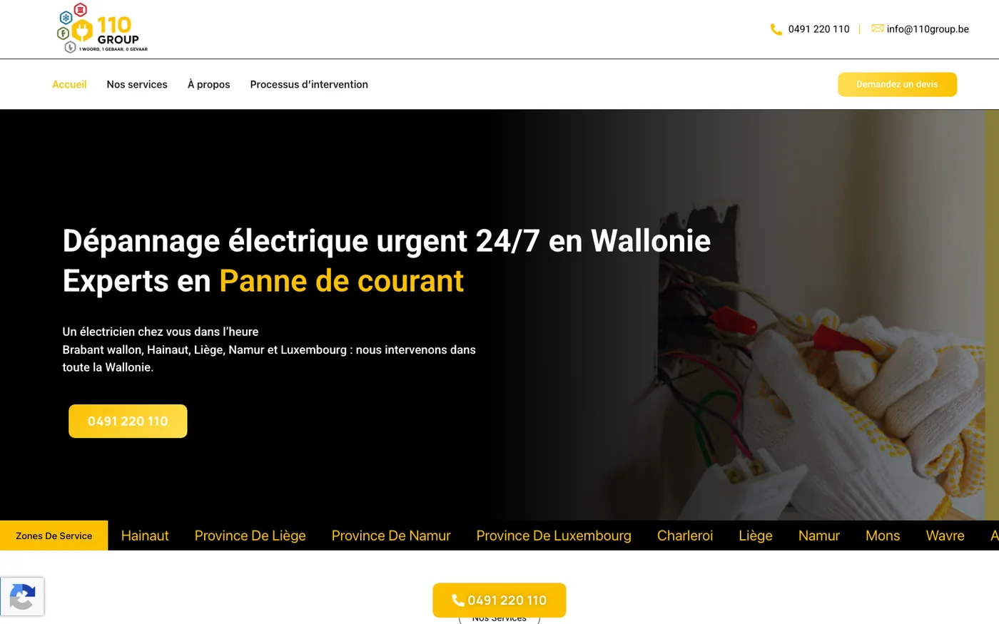 Page de service en français du site 110 Group, pour l'électricité en Wallonie