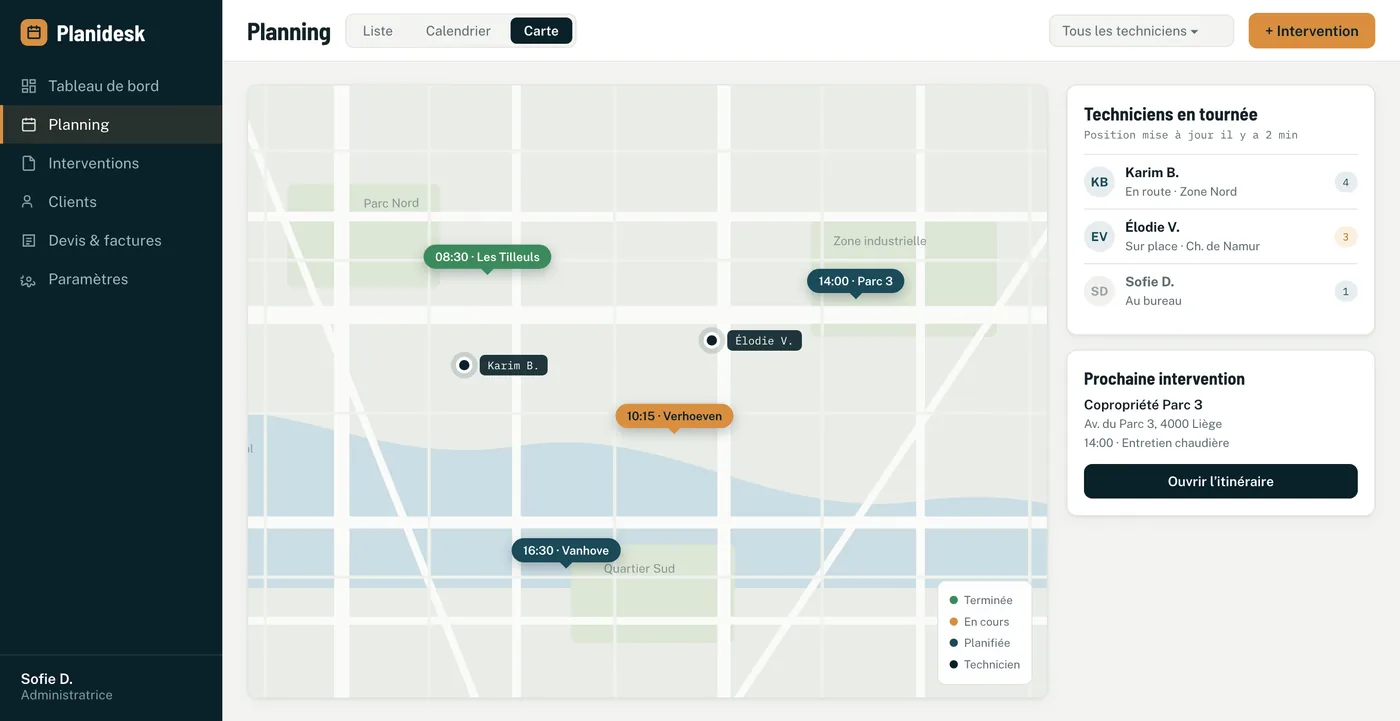 Planidesk : planning sur carte avec les techniciens en tournée et les interventions du jour
