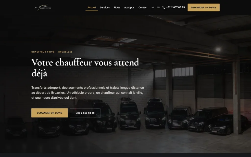 Page d'accueil du site Golden Drivers réalisé par RDesign Belgium, avec la flotte de véhicules