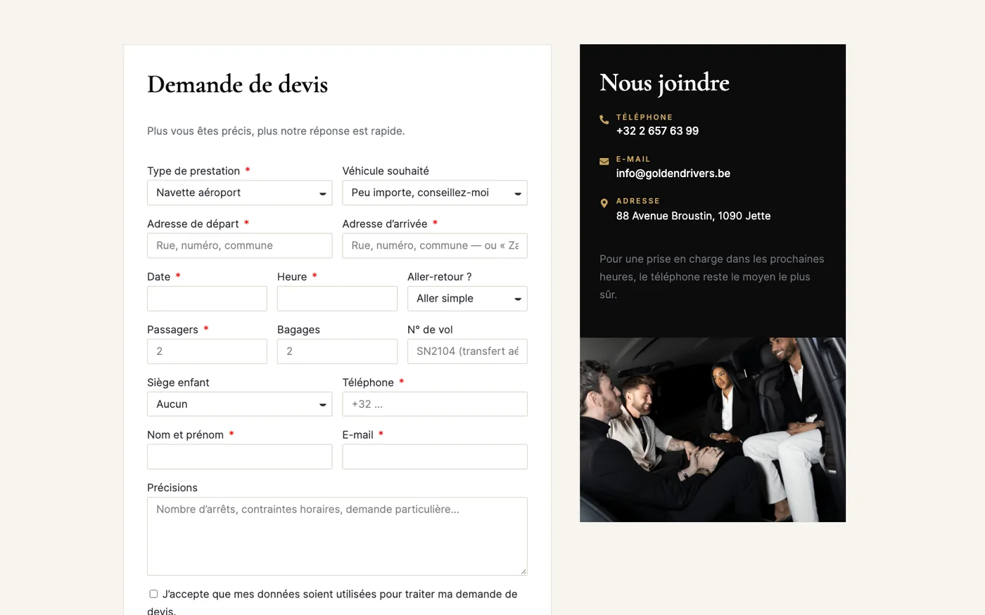 Formulaire de demande de devis du site Golden Drivers