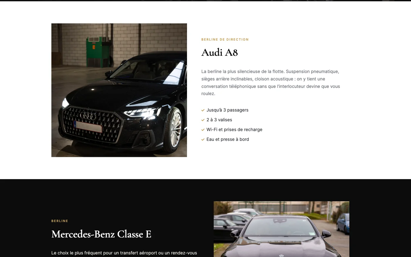 Page flotte du site Golden Drivers : une fiche par véhicule, avec le nombre de passagers et de bagages