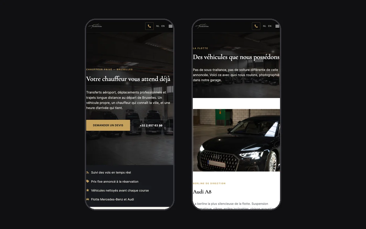Le site Golden Drivers sur téléphone : l'accueil puis la page flotte, avec le bouton d'appel