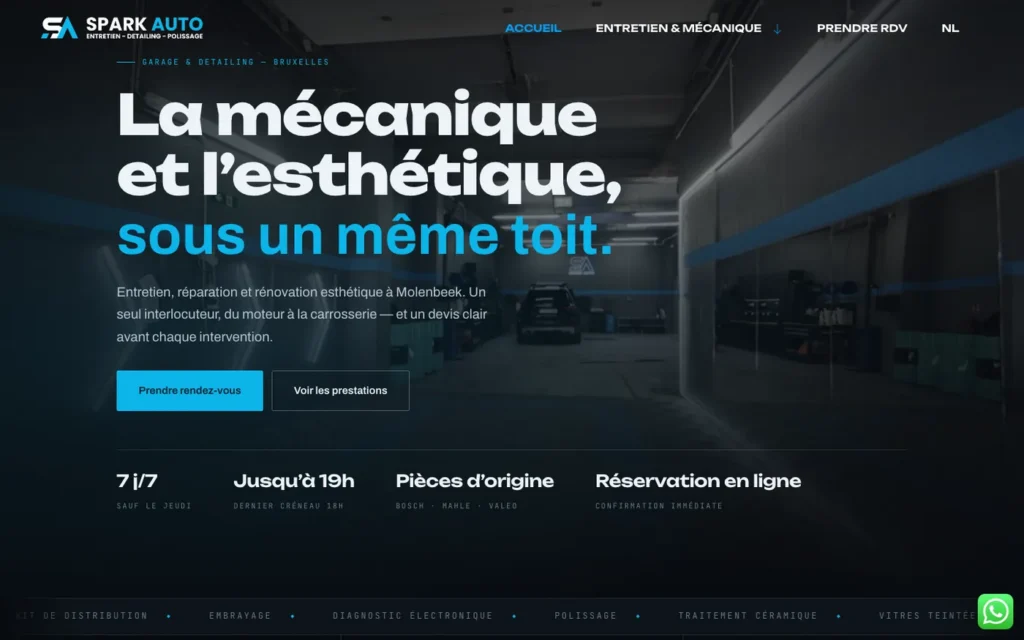 Page d'accueil du site du garage Spark Auto, avec horaires et réservation
