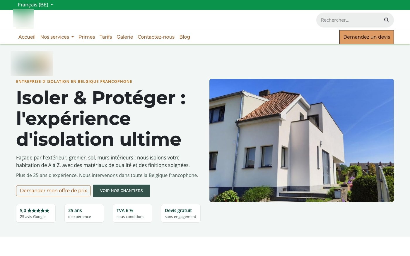 Page d'accueil d'un site d'isolation, recentré sur quatre prestations