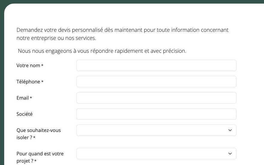 Formulaire de demande de devis du site, avec des options alignées sur l'offre