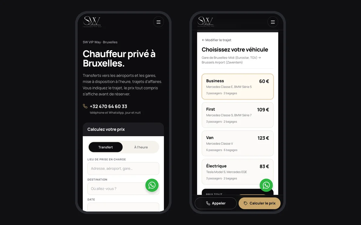Le site sw-vipway.be sur téléphone : accueil et choix du véhicule