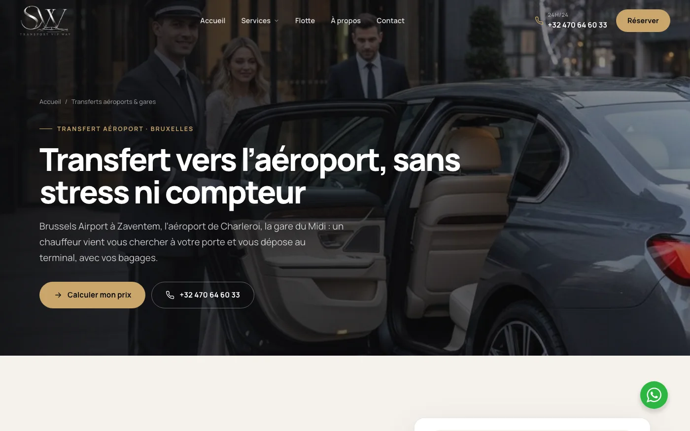 Page Transfert vers l'aéroport du site sw-vipway.be