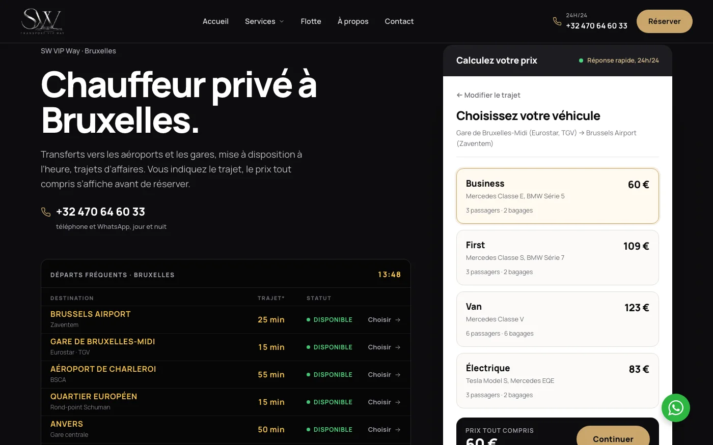 Simulateur de prix de sw-vipway.be : choix du véhicule avec le prix tout compris